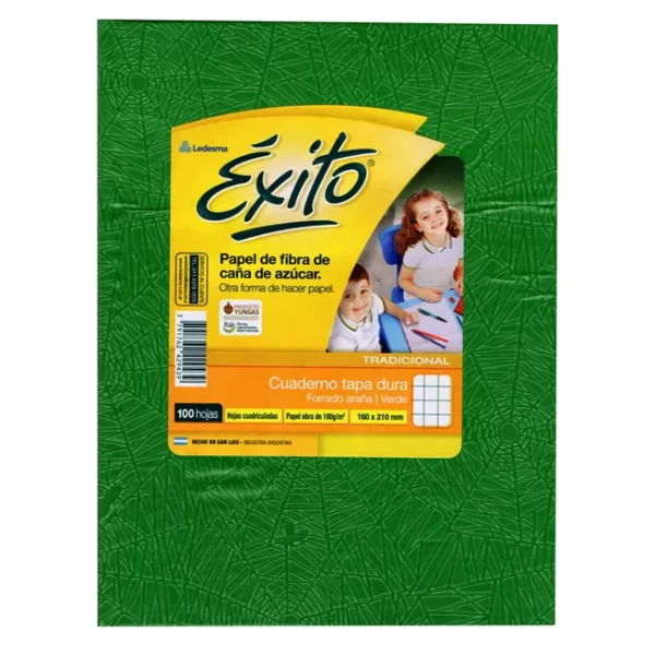 CUADERNO TAPA DURA EXITO E1 VERDE CUADRICULADO X 100 HOJAS