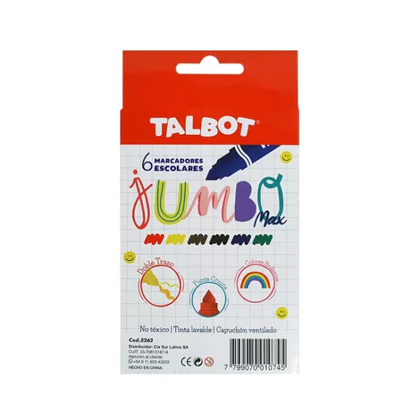 MARCADOR ESCOLAR TALBOT JUMBO MAX AL AGUA ESTUCHE X6U - Imagen 3